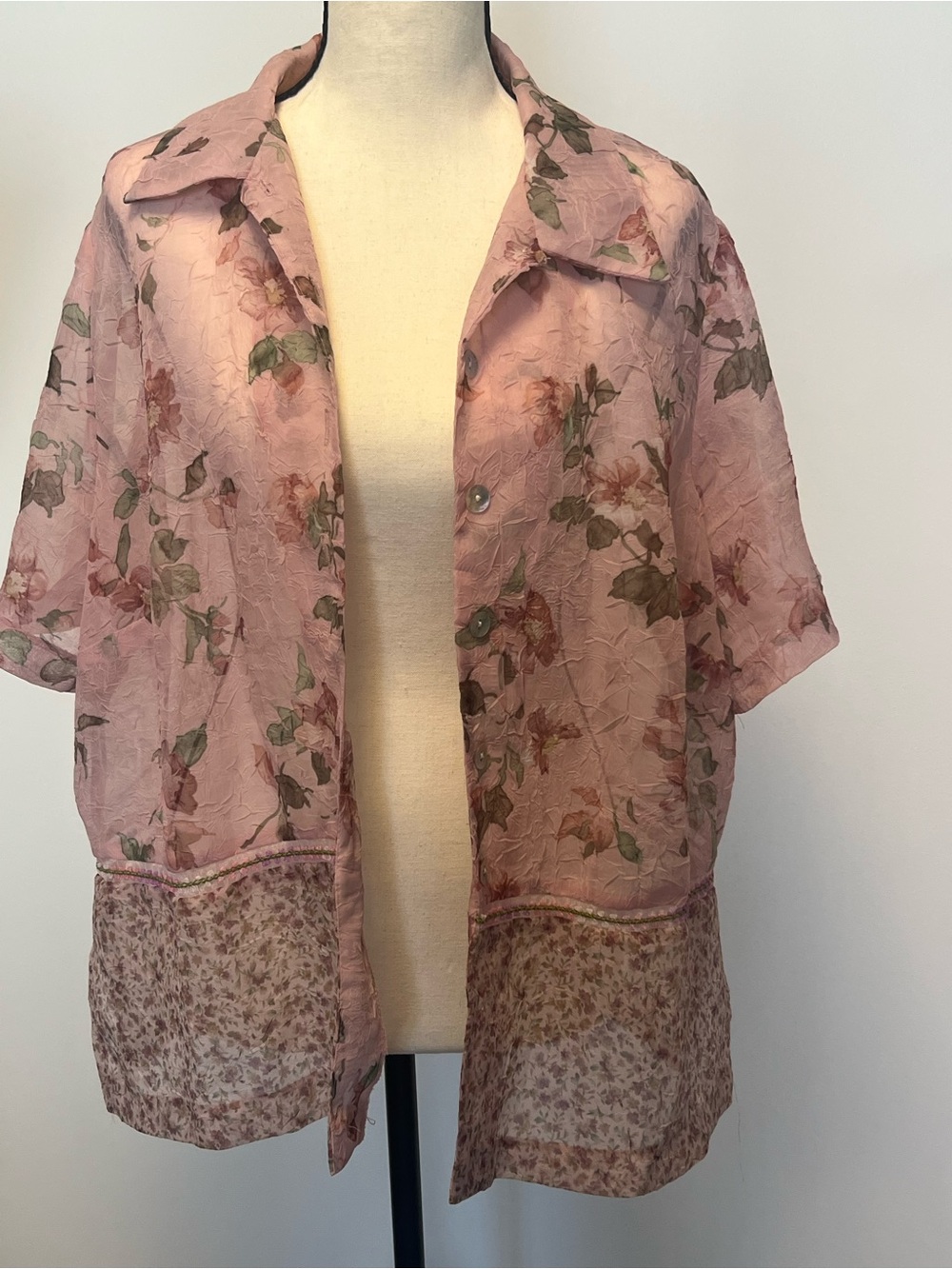 Pink Floral Short-Sleeve Button Front Blouse